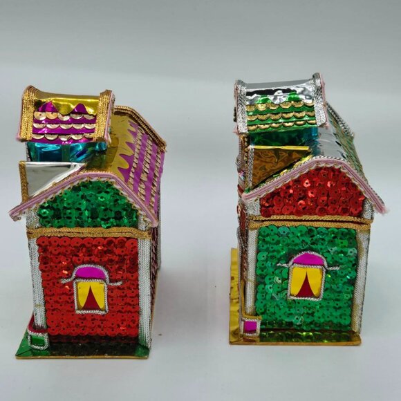 Lot of 5 Vintage The Bombay Company Christmas Putz Sequin Trinket Box Houses - Picture 7 of 16